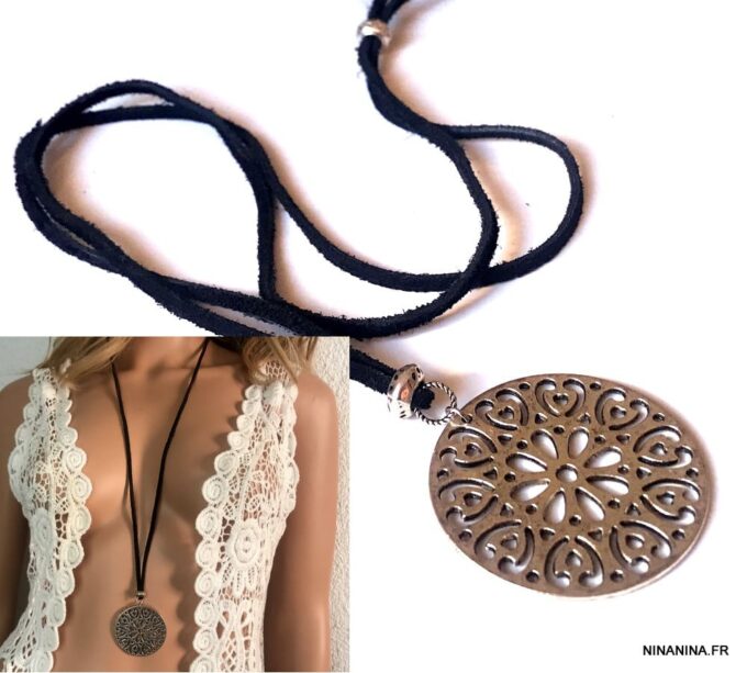 N3845c Collier fantaisie long femme lacet pendentif argenté - Bijoux Colliers en ligne Ninanina