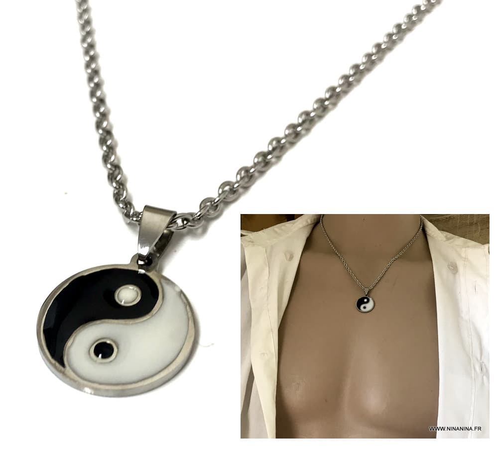 Collier Pendentif Yin Yang Double Cœur - Acier Inoxydable Bleu - Neuf