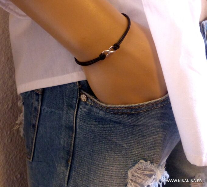 N3859a Bracelet cordon cuir infini argent 925 massif - Bijouterie en ligne Ninanina