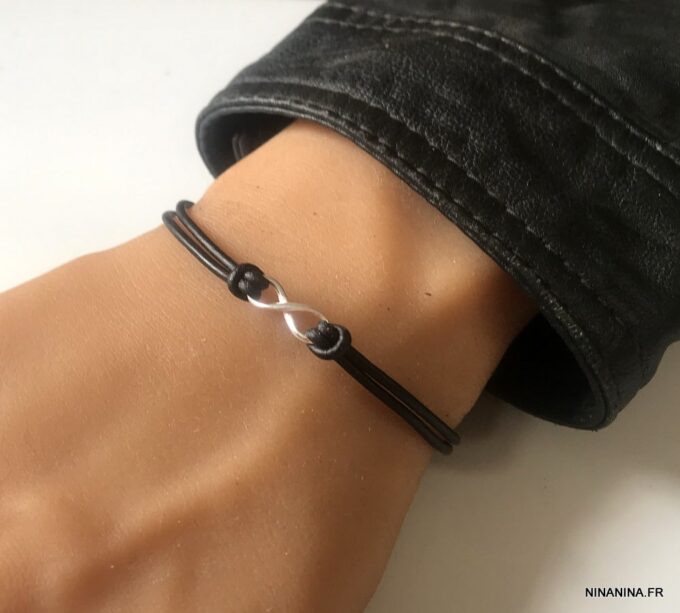 N3859a Bracelet infinity femme Argent 925 cordon cuir noir - Bijoux Bracelets en ligne Ninanina