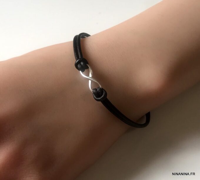 N3859b Bracelet infinity femme Argent 925 cordon cuir noir - Bijoux Bracelets en ligne Ninanina