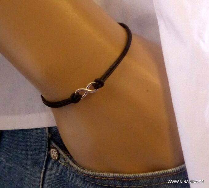 N3859c Bracelet cordon cuir infini argent 925 massif - Bijouterie en ligne Ninanina