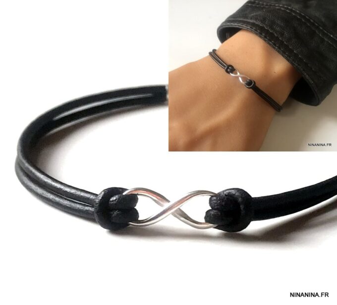 N3859c Bracelet infinity femme Argent 925 cordon cuir noir - Bijoux Bracelets en ligne Ninanina