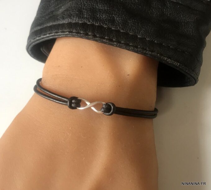 N3859d Bracelet infinity femme Argent 925 cordon cuir noir - Bijoux Bracelets en ligne Ninanina