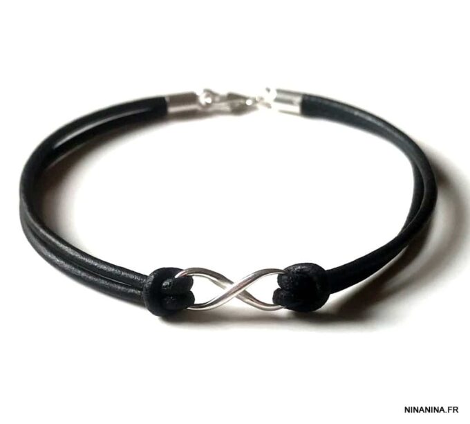 N3859f Bracelet infinity femme Argent 925 cordon cuir noir - Bijoux Bracelets en ligne Ninanina