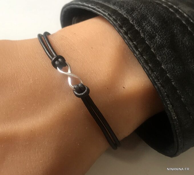 N3859g Bracelet infinity femme Argent 925 cordon cuir noir - Bijoux Bracelets en ligne Ninanina