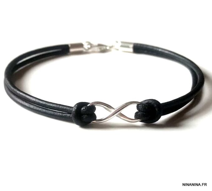 N3859h Bracelet infinity femme Argent 925 cordon cuir noir - Bijoux Bracelets en ligne Ninanina