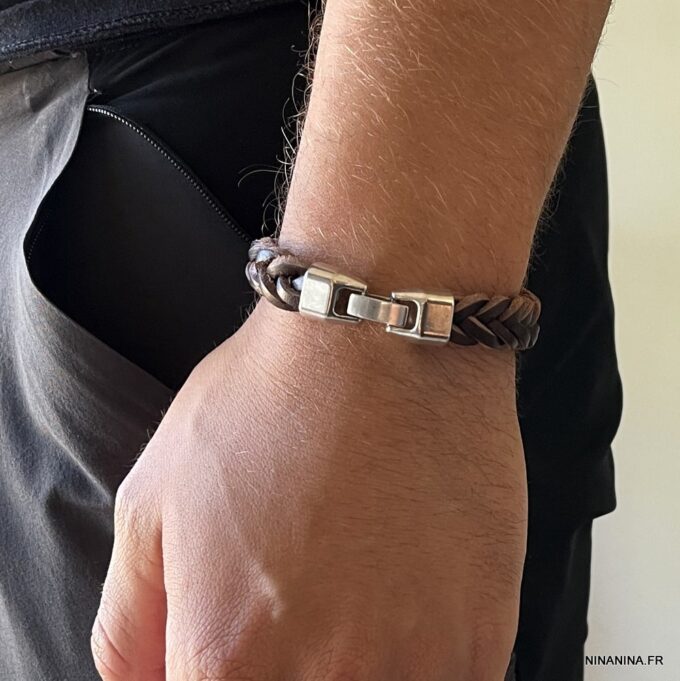 N3868c Bracelet tressé cuir homme fermoir métal argenté - Bijoux Bracelets en ligne Ninanina