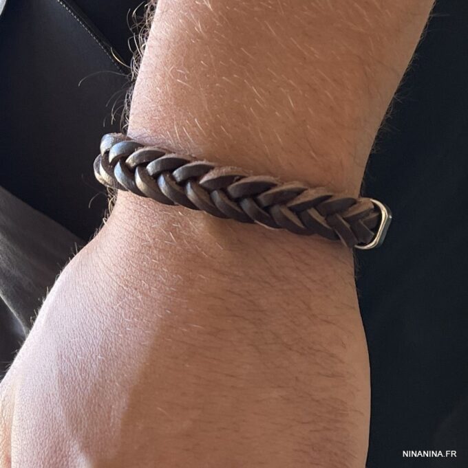 N3868e Bracelet tressé cuir homme fermoir métal argenté - Bijoux Bracelets en ligne Ninanina