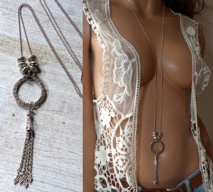 N3869 Collier long femme sautoir pompon argenté - Bijoux colliers en ligne Ninanina