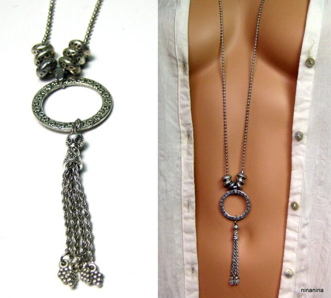 N3869 collier long pompon métal argent