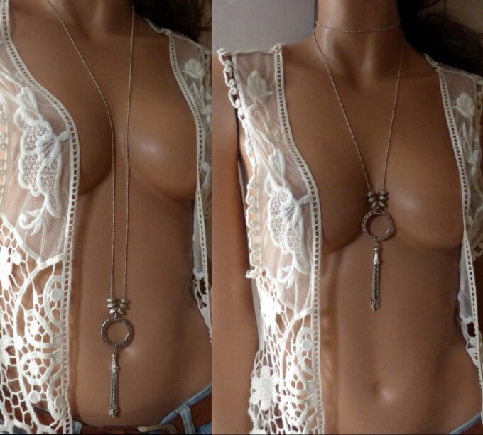 N3869a Collier long femme sautoir pompon argenté - Bijoux colliers en ligne Ninanina