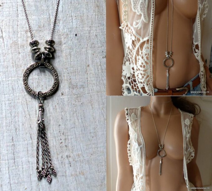 N3869b Collier long femme sautoir pompon argenté - Bijoux colliers en ligne Ninanina