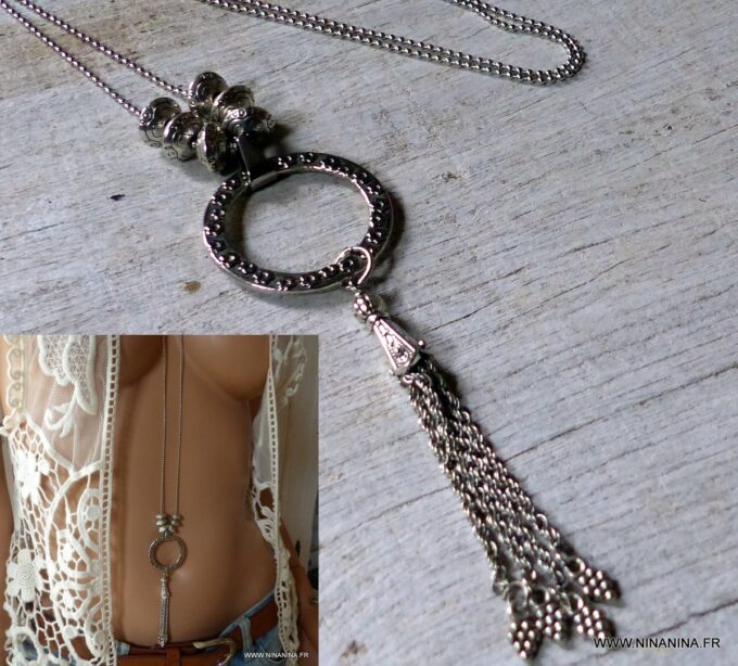 N3869d Collier long femme sautoir pompon argenté - Bijoux colliers en ligne Ninanina