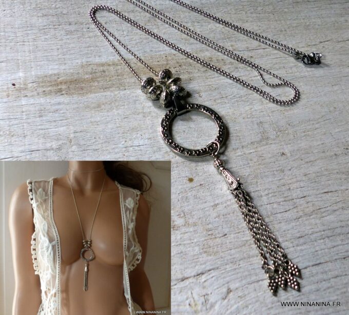 N3869f Collier long femme sautoir pompon argenté - Bijoux colliers en ligne Ninanina