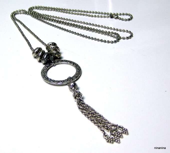 N3869f collier long pompon métal argent