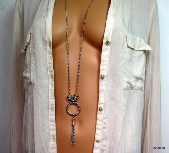 N3869g collier long pompon métal argent