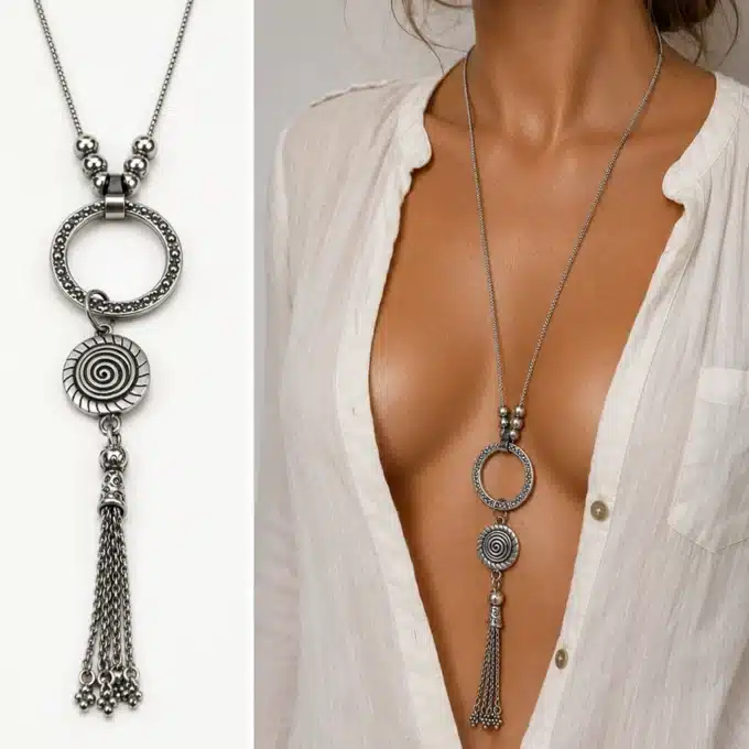 N3870 Collier fantaisie long femme pendentif pompon argenté - Bijouxcolliers femmes en ligne Ninanina