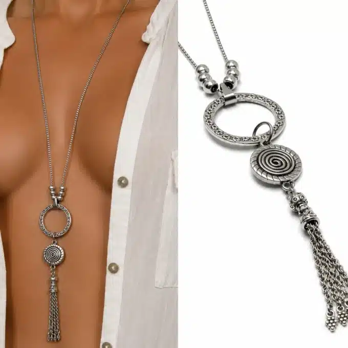 N3870c Collier fantaisie long femme pendentif pompon argenté - Bijouxcolliers femmes en ligne Ninanina