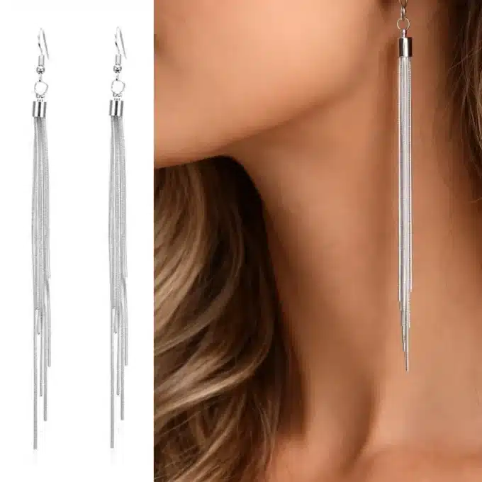 N3873D Boucles d’oreilles tres longues argent chainettes – Boucles d’oreilles en ligne Ninanina