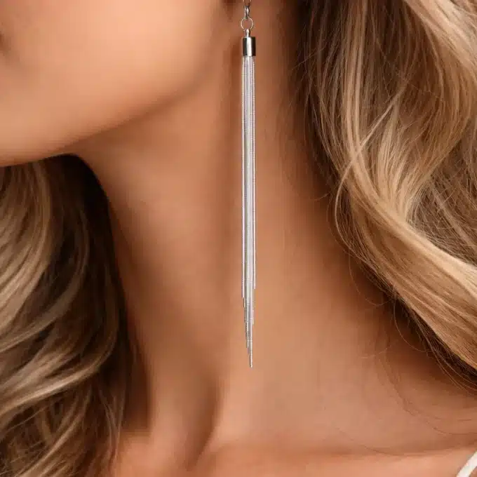N3873E Boucles d’oreilles tres longues argent chainettes – Boucles d’oreilles en ligne Ninanina