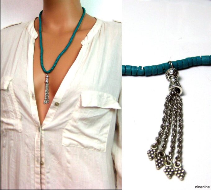 N3877 collier coco turquoise pompon argent