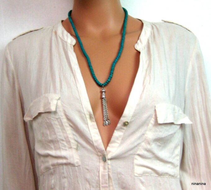 N3877a collier coco turquoise pompon argent