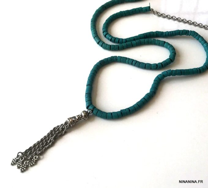 N3877a Collier ethnique femme bleu turquoise pompon argenté - Bijoux Colliers en ligne Ninanina