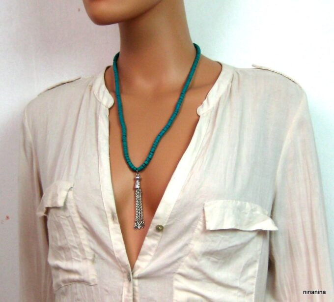 N3877b collier coco turquoise pompon argent