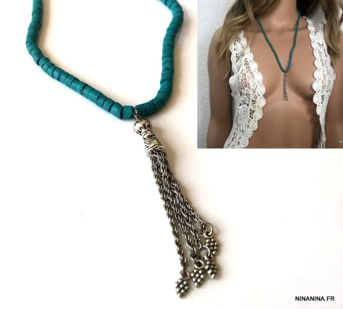 N3877b Collier ethnique femme bleu turquoise pompon argenté - Bijoux Colliers en ligne Ninanina