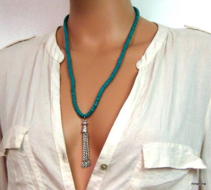 N3877c collier coco turquoise pompon argent