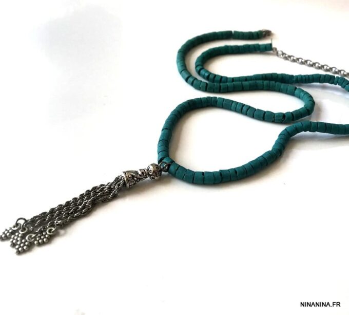 N3877c Collier ethnique femme bleu turquoise pompon argenté - Bijoux Colliers en ligne Ninanina