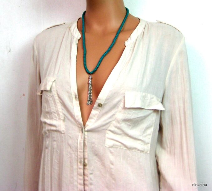 N3877d collier coco turquoise pompon argent