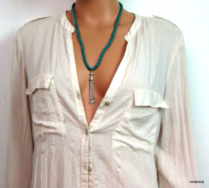 N3877e collier coco turquoise pompon argent