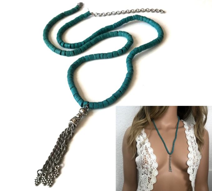 N3877e Collier ethnique femme bleu turquoise pompon argenté - Bijoux Colliers en ligne Ninanina