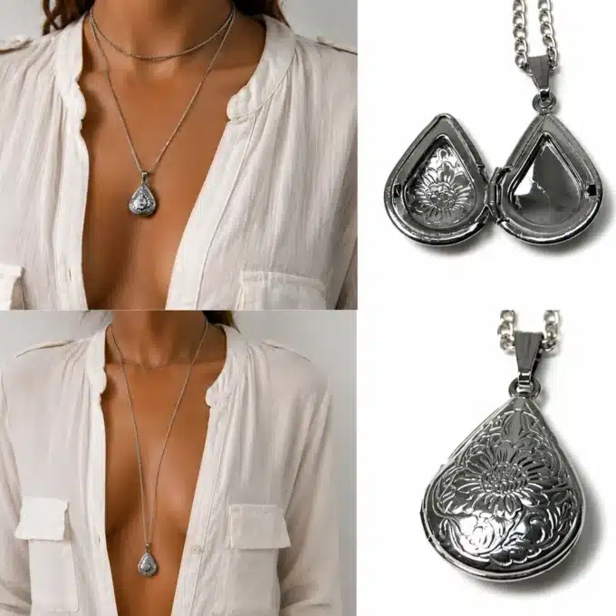 N3882b Collier long femme pendentif goutte porte photo argentée -Bijouxcolliers femmes en ligne Ninanina