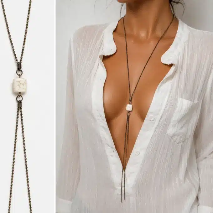 N3883 Collier fantaisie femme long - sautoir métal bronze et perle carrée blanche - Bijoux colliers femmes en ligne Ninanina