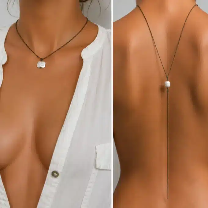 N3884 Collier de dos fantaisie perle carrée howlite blanche métal bronze - Bijoux de corps en ligne Ninanina