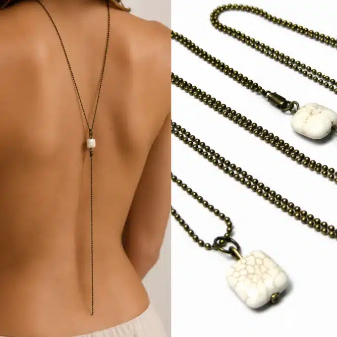 N3884b Collier de dos fantaisie perle carrée howlite blanche métal bronze - Bijoux de corps en ligne Ninanina