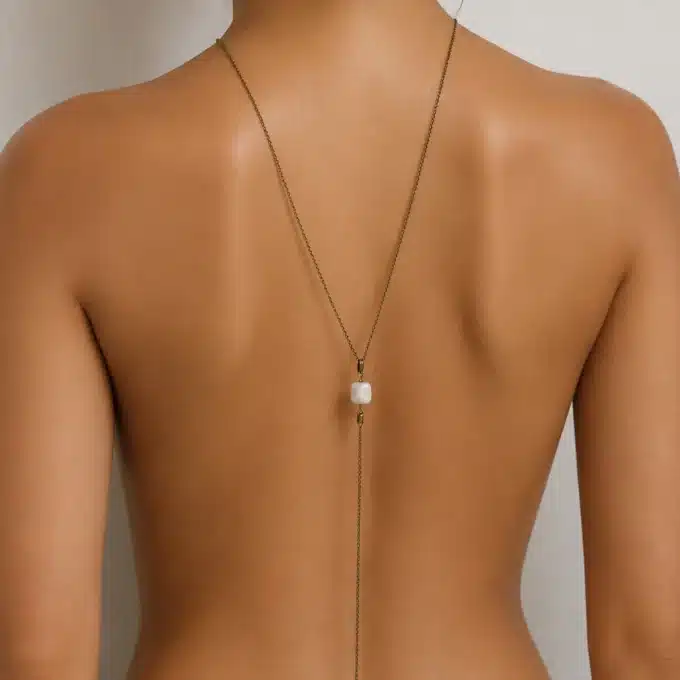 N3884d Collier de dos fantaisie perle carrée howlite blanche métal bronze - Bijoux de corps en ligne Ninanina