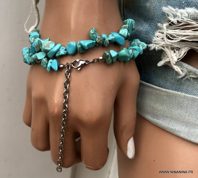 N3892c Bracelet perles turquoises irrégulières ships howlite turquoise - Bijoux Bracelets en ligne Ninanina