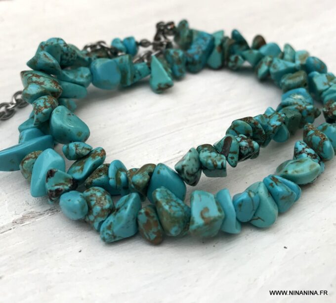 N3893a Bracelet de cheville bleu perles irrégulières ships turquoises - Bijoux Bracelets en ligne Ninanina