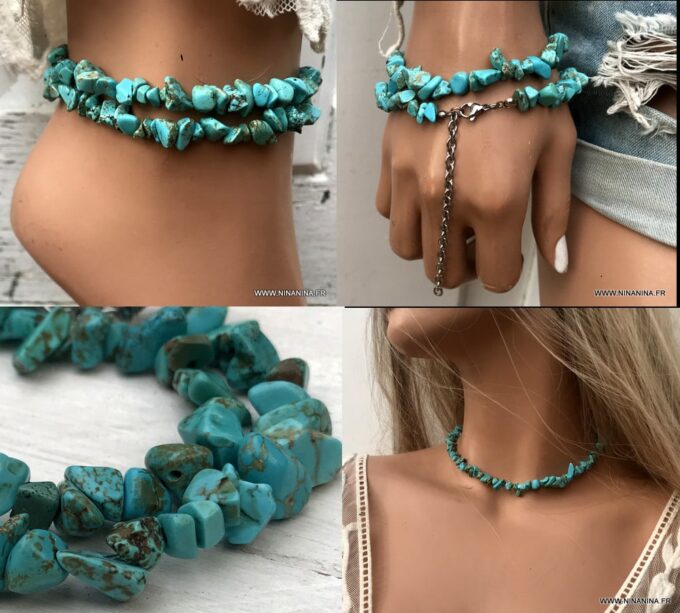 N3893b Bracelet de cheville bleu perles irrégulières ships turquoises - Bijoux Bracelets en ligne Ninanina