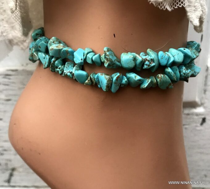 N3893c Bracelet de cheville bleu perles irrégulières ships turquoises - Bijoux Bracelets en ligne Ninanina