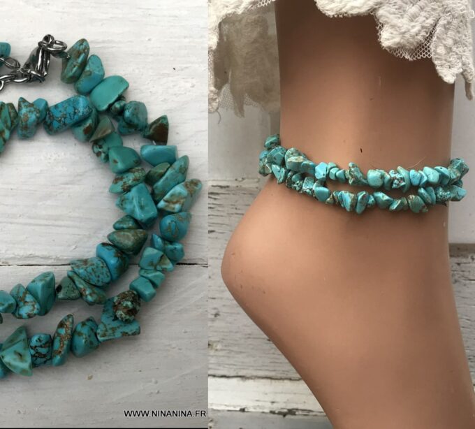 N3893d Bracelet de cheville bleu perles irrégulières ships turquoises - Bijoux Bracelets en ligne Ninanina