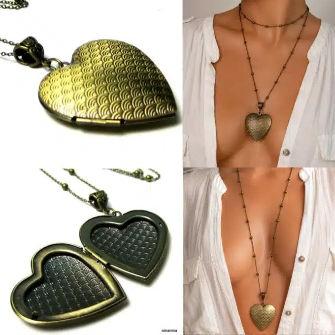 N3900b Collier Fantaisie long porte photo coeur métal bronze - Bijoux colliers femmes en ligne Ninanina
