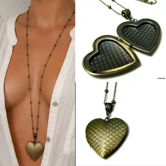 N3900e Collier Fantaisie long porte photo coeur métal bronze - Bijoux colliers femmes en ligne Ninanina