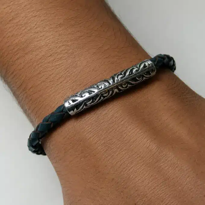 N3906 Bracelet cuir tressé bleu turquoise perle tube argentée -Bijoux bracelets hommes en ligne Ninanina