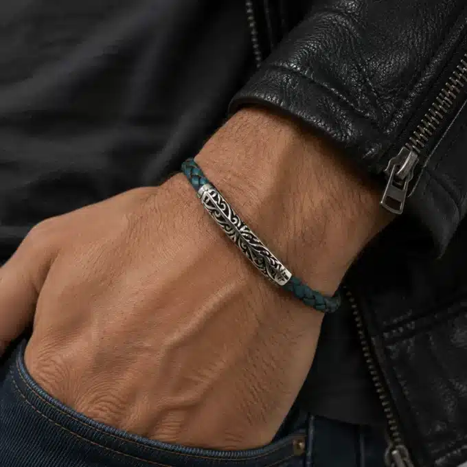 N3906a Bracelet cuir tressé bleu turquoise perle tube argentée -Bijoux bracelets hommes en ligne Ninanina