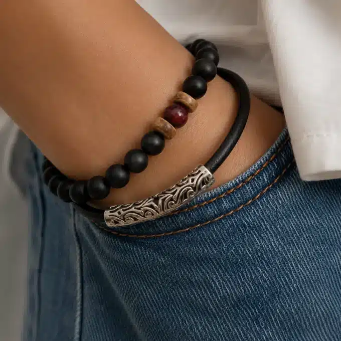 N3907a Bracelet cuir demi lune argentée en métal filigrané - Bijoux Bracelets hommes en ligne Ninanina